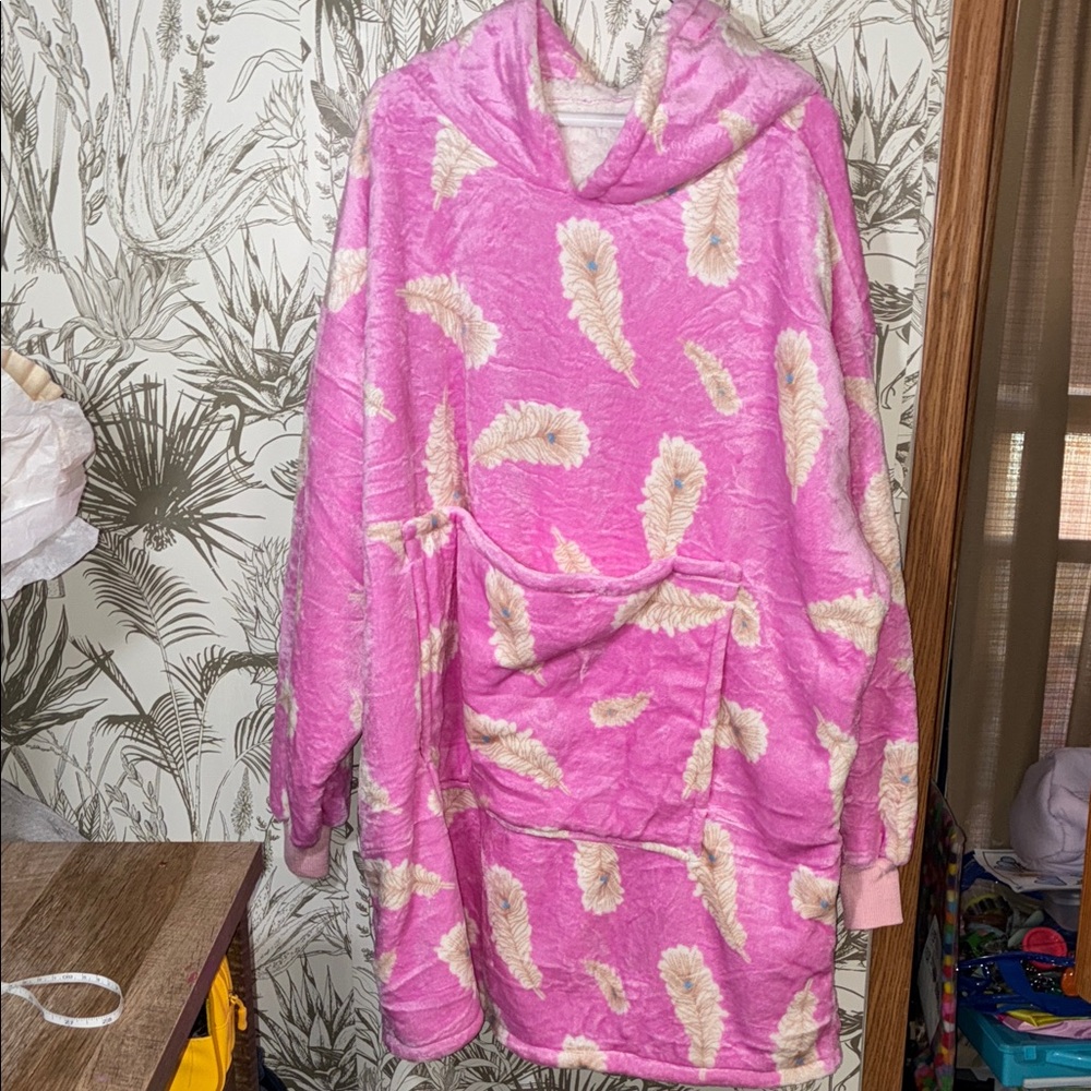 No Brand XS-L Pink Feather Print Oversized Hoodie Blanket Adult